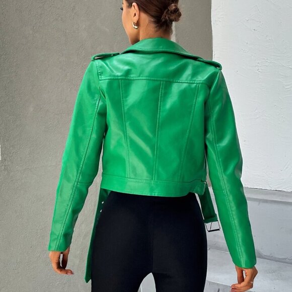Green Casual Women's Zip Up Belted Pu Moto Jacket - Picture 2 of 7